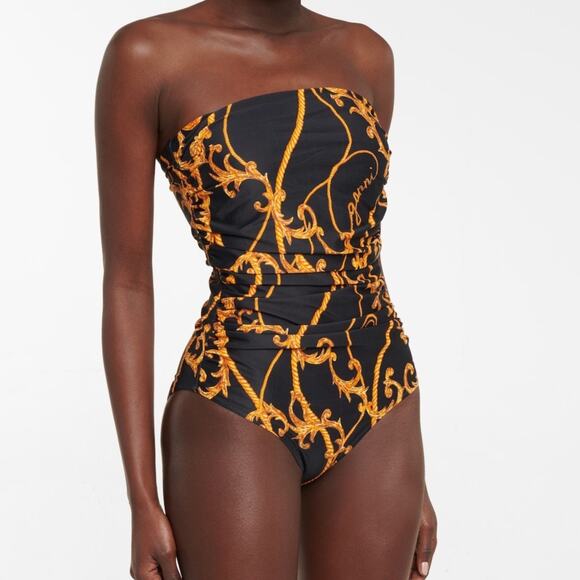 Ganni Black Baroque Print Strapless Ruched One Piece Swimsuit - Picture 1 of 5
